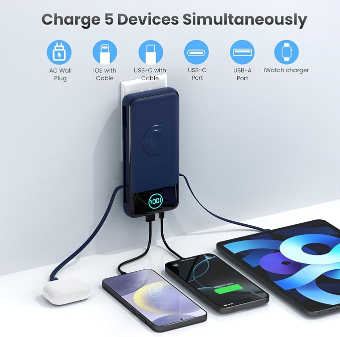 Portable Charger for iPhone with Built-in Cables and AC Wall Plug,26800mah Fast Charging USB C Power Bank,25W PD Travel Essential Battery Pack for iPhone 17/16/15/14/13,Galaxy,Apple Watch (Blue)