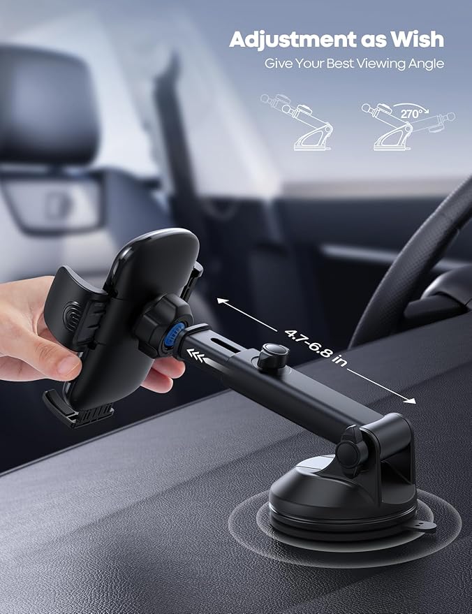 Lamicall Car Phone Holder - [Strongest Military-Grade Suction Cup] 360° Rotation Phone Holders for Your Car Quick Release Adjustable Phone Mount for Car Dashboard for iPhone 17 16 Pro Max Dark Grey