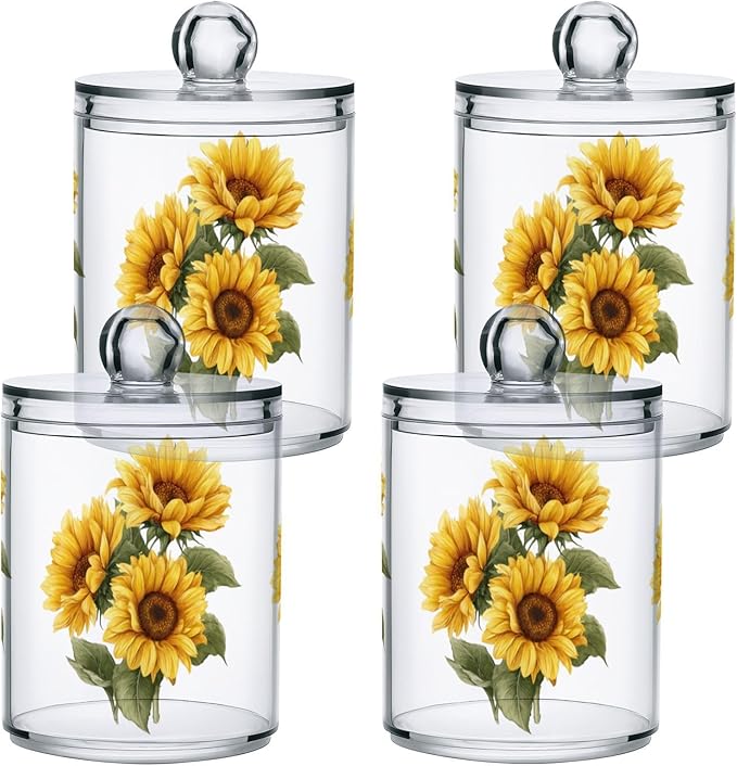 Gredecor Qtip Holder Dispenser 2 Pack Yellow Watercolor Sunflowers Bathroom Decorative Storage Canister Holder Counter Vanity Organizer for Cotton Ball Swabs Pads Floss