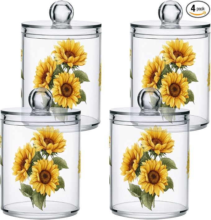 Gredecor Qtip Holder Dispenser 4 Pack Yellow Watercolor Sunflowers Apothecary Jars with Lids Bathroom Vanity Countertop Canister Storage Organizer for Cotton Ball,Swabs,Pads,Floss