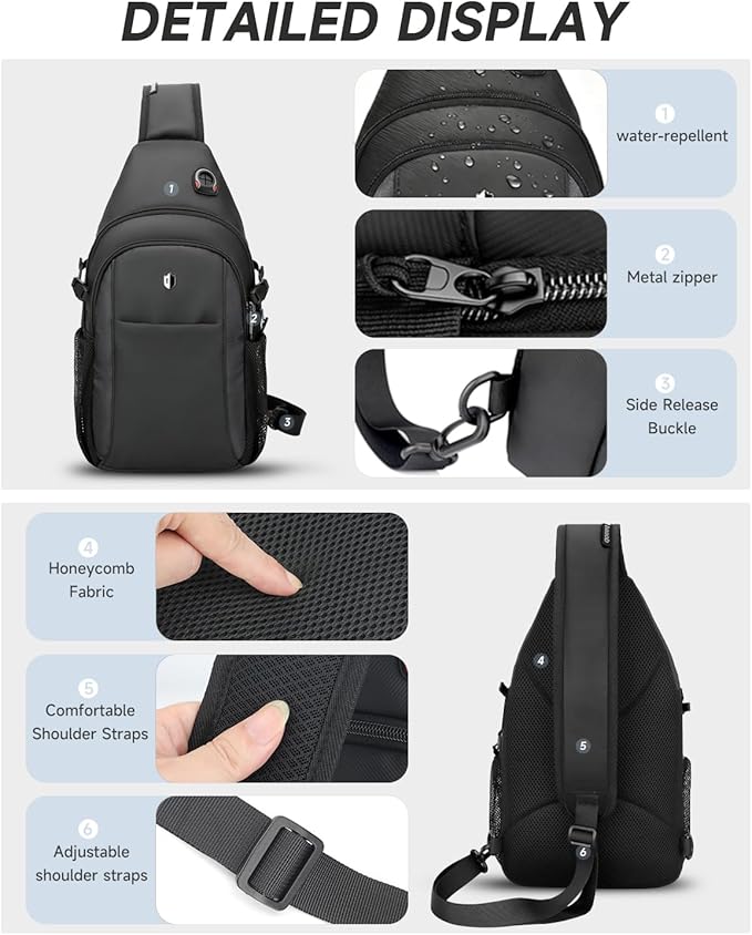 Anti-Theft Sling Bag for Men, Water Resistant lightweight Crossbody Backpack With Side Pocket, Built-in Audio Port, Reversible Strap, Travel Hiking Chest Pack Fits 11 inch iPad & Switch 2