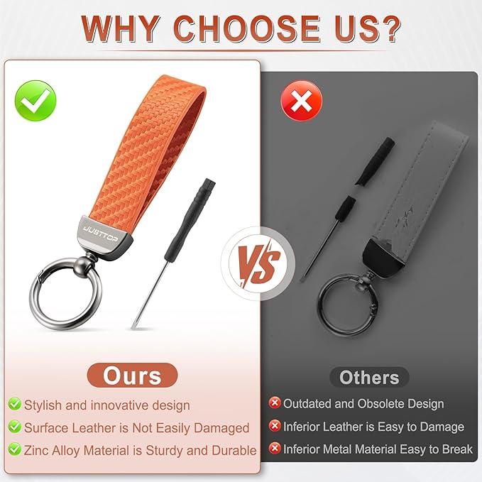 JUSTTOP Leather Keychain, Carbon Fiber Car Key Chain with Anti-Lost D-Ring and 2 Key Ring, Keychain Wristlet, Car Accessories, Universal Keychain for Men and Women (Orange)