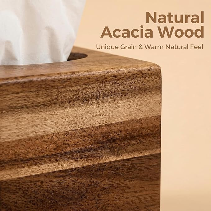 S310 Acacia Wood Tissue Box Cover, Square Tissue Box Holder with Slide-Out Bottom, Wooden Cube Tissue Covers Tissue Holders for Bathrooms Office Kitchen