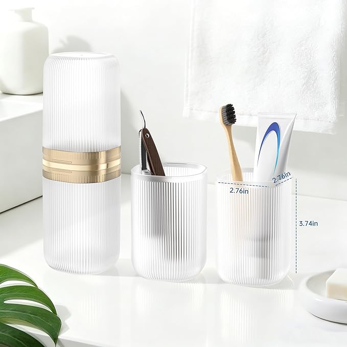 Quatish 2-in-1 Toothbrush Travel Case, Portable Toothbrush Holder with 4 Rinse Cups, Large-Capacity Storage for Toothbrush & Toothpaste, Ideal for Travel, Home, Camping, Gym, Business Trip (Clear)