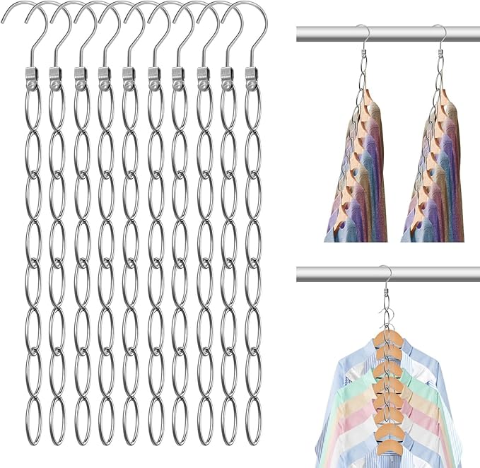 80 Holes Clothing Chain Hangers, 10-Pack Metal Space Saving Hangers, 360 Degree Rotatable Hook for Easy Display and Access, Closet Organizers for Home, Travel, College Dorm Room
