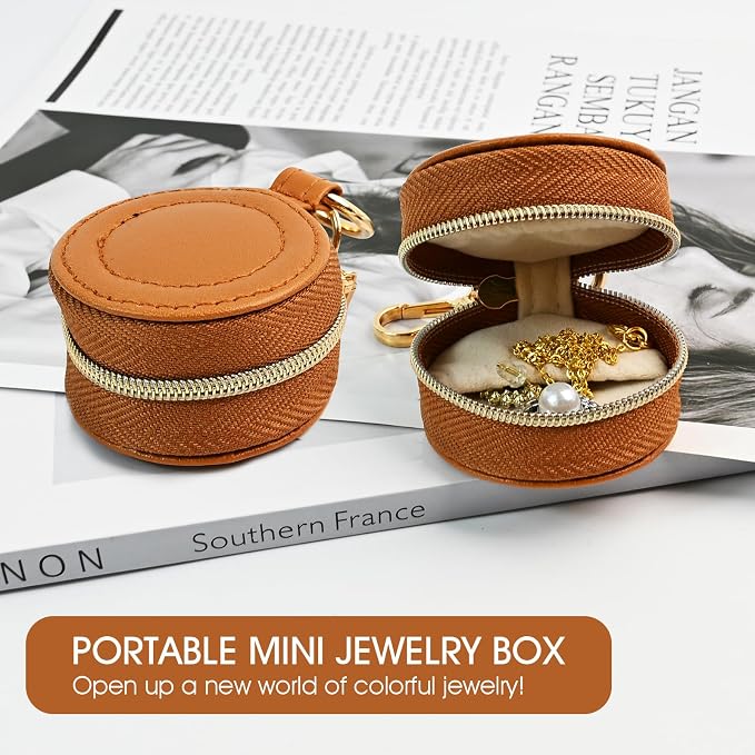 Portable Ring Keychain Holder for Gym and Travel - Jewelry Holder for Sports Bag, Compact Ring Earring Necklace Storage Case (brown)