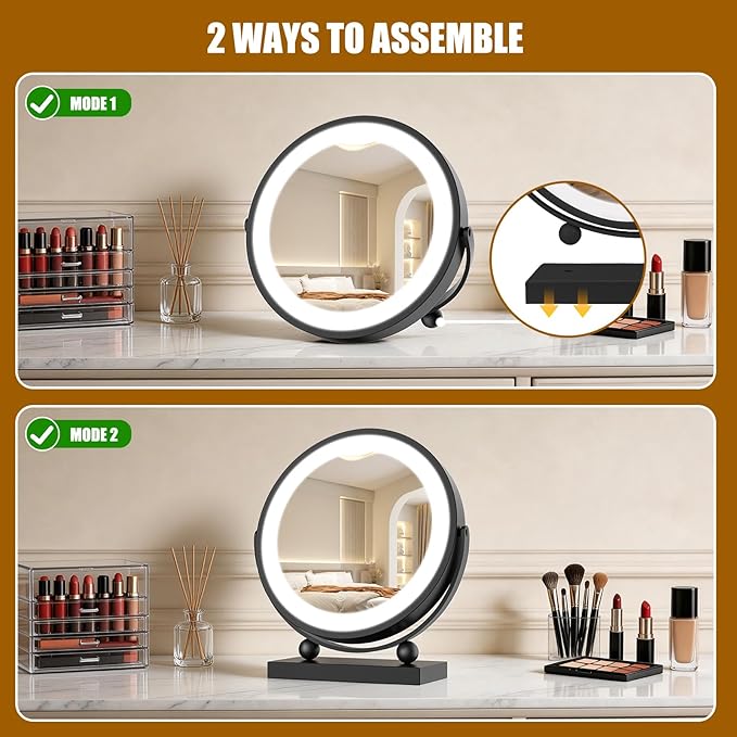 Travel Makeup Mirror, 9" Small Vanity Mirror with Lights, 1500mAH Battery, 3-Color Lighting, Dimmable, 360° Rotation, Round Portable Desk Mirror, Travel Essentials (Black)
