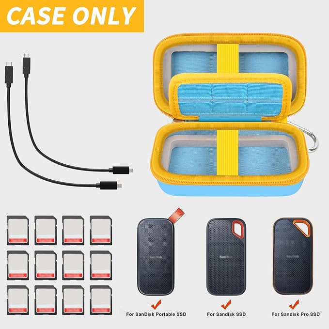 COMECASE Dual SSD Case for SanDisk Extreme Portable SSD & Extreme Pro, Hard Drive Storage Bag Fits 1TB 2TB 4TB 8TB External Solid State Drive, with 12 SD Card Slots, for Travel - Sky Blue (Box Only)