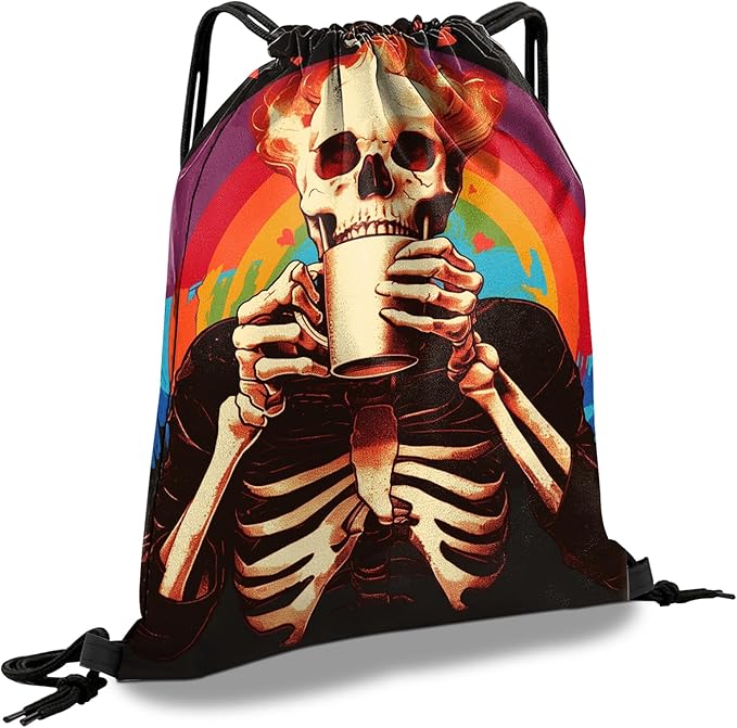 Drawstring Backpack Draw String Sports Bags for Gym Travel Beach Waterproof Cute Sackpack Men Women Aesthetic (13"×17")-Rainbow Skull