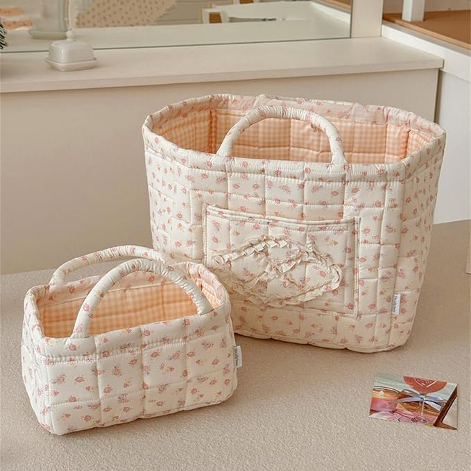 Floral Fabric Storage Basket Car Interior Storage Basket Underwear Sundries Laundry Baskets Supplies Home Organizer Bag (white bow)
