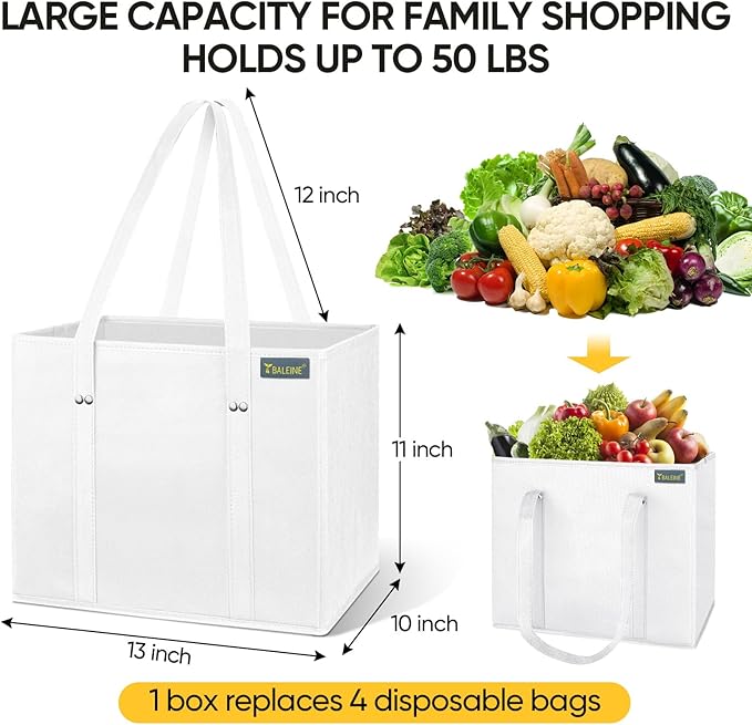 BALEINE 3Pk Reusable Grocery Bags, Foldable Shopping Bags for Groceries with Reinforced Bottom & Handles (White)