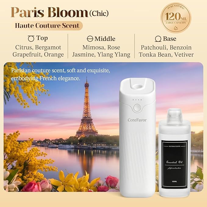 Waterless Essential Oil Diffuser (M60) with 120ml Oil, Portable Battery-Operated Cold Air Aroma Scent Machine, 4 Adjustable Intensity Levels, Quiet Diffuser for Bedroom Office Bathroom Car