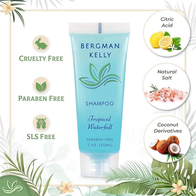 BERGMAN KELLY - Travel Size Hotel Shampoo - 1 fl oz, 200 PK, Tropical Waterfall - Delight Your Guests with Revitalizing & Refreshing Hair Cleanser for Guest Hospitality - Bulk Small Size Shampoo