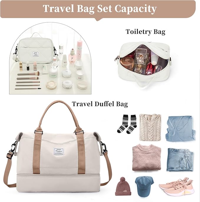 Weekender Bags for Women,Personal Item Travel Bag with Shoes Compartment,Overnight Travel Duffel Bag with Quilted Toiletry Bag,Beige&Brown