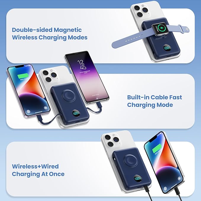 Ekrist Magnetic Portable Charger for MagSafe with Built-in Cable,iWatch Charger,Wireless Power Bank Travel Essentials,25W Fast Charging Battery Pack for iPhone 17/16/15,Apple Watch(Navy,10800mAh)