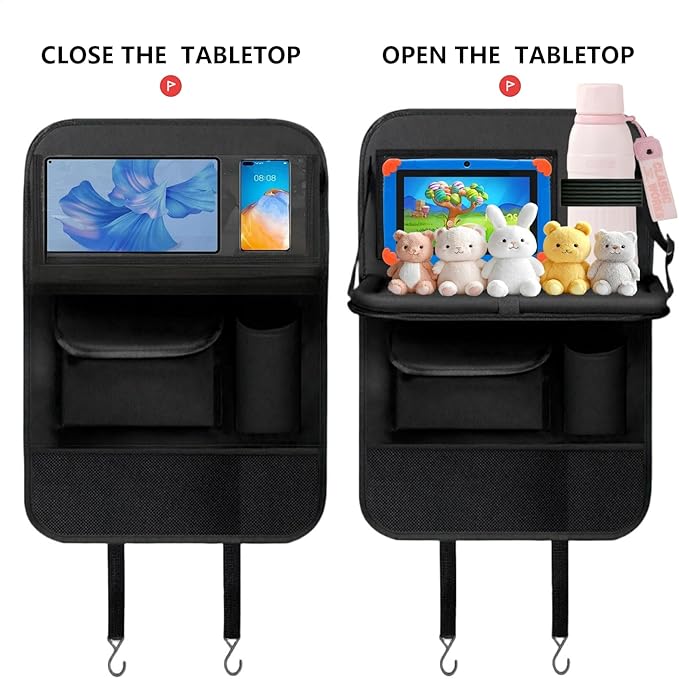 TCJJ Car Seat Organiser, Car Organiser Back Seat for kids, Car Backseat Seat Kick Protector with Tray and Touch Screen Tablet Storage Pockets Black/2 Pack