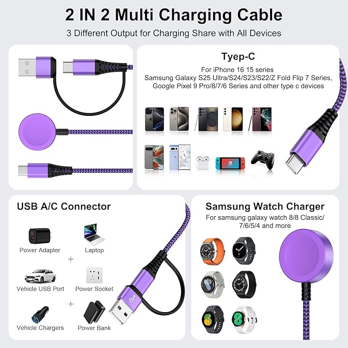 Travel Essentials 2 in 2 USB A/USB C Cable for Samsung Watch Charger, Multi Charging Cable Cord Compatible Galaxy Watch 8/8 Classic/7/Ultra/6/5 Pro/5,for Galaxy A17/A36/A56/Z Fold /S25 Android-6FT