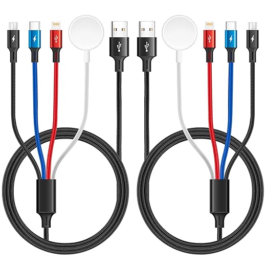 Multi Charging Cable Nylon Braided USB C/Lightning/Micro Port Compatible for Apple Watch Charger USB Magnetic Wireless Charger iWatch Series 9-1/iPhone 15 14/Galaxy Android (2, Black-2Pack, 6Ft)