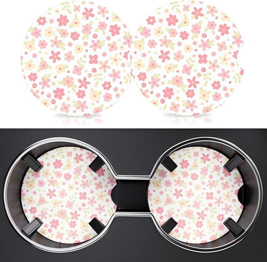2 Pack Car Cup Holder Coaster, 2.63 inch Anti Slip Insert Absorbent Ceramic Car Coaster with Cork Base and Finger Notch, Cute Car Accessories Interior for Women, Cute Car Coasters.