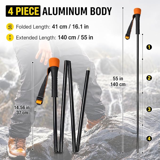 Aventik Fold-able Wading Staff Water Depth Safety Warning Sign Coated Stainless Steel Core T7075 Aluminum Body Corrosion Resistance Neoprene Sheath