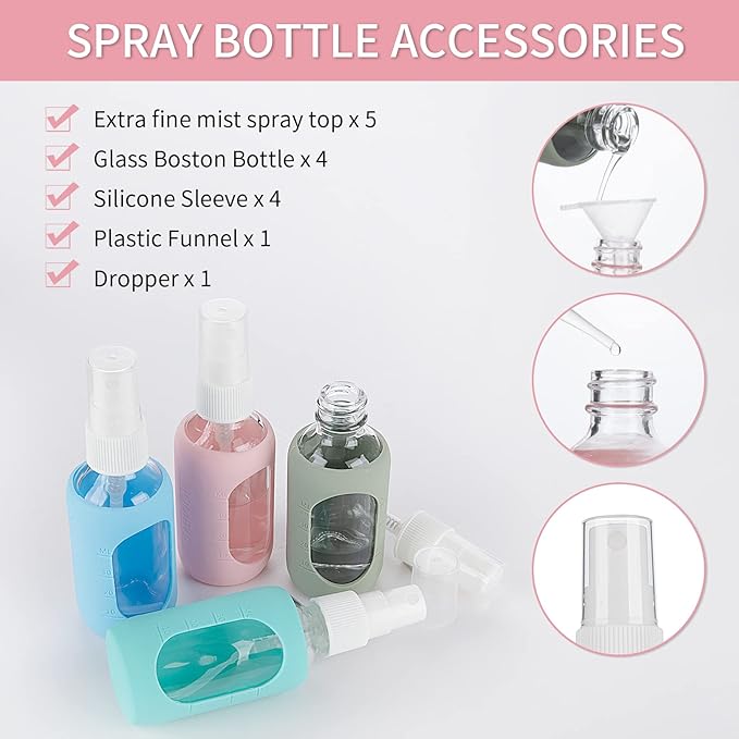HOMBYS Empty Clear Glass 2oz Small Spray Bottles with Silicone Sleeve Protection - Refillable Containers for Travel, Cleaning Solutions, Essential Oils, Sanitizers - Fine Mist Spray - 4 Pack-Clear