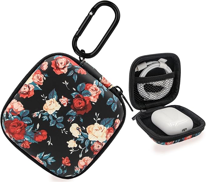 Earbud Case,Headphone Organizer Earbud Storage Bag, Hard EVA Shockproof Cover Carrying Case with Carabiner Clip Compatible with AirPods 4 AirPods Pro 2nd /3/2/1 Bose Galaxy (Vintage Rose)