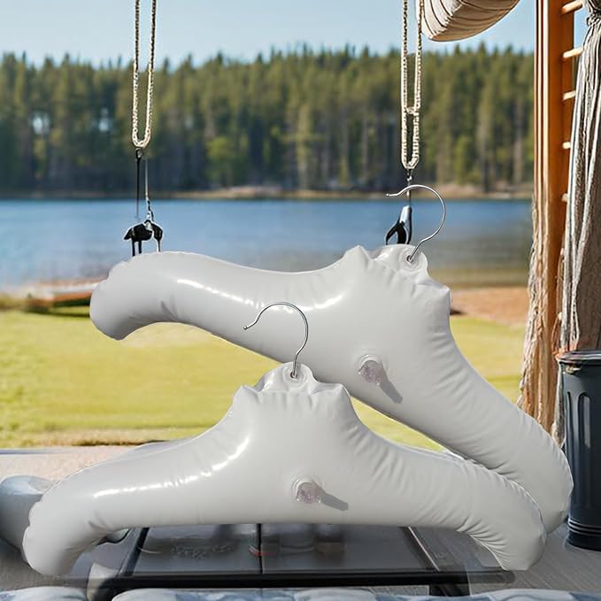 Inflatable Hangers for Travel X 2 in White Round Shoulder, Air Blow up Clothes Drying Hangars with Metal Hook, Compact, Space Saving, Foldable, Portable, Non Slip for Hand Wash Laundry
