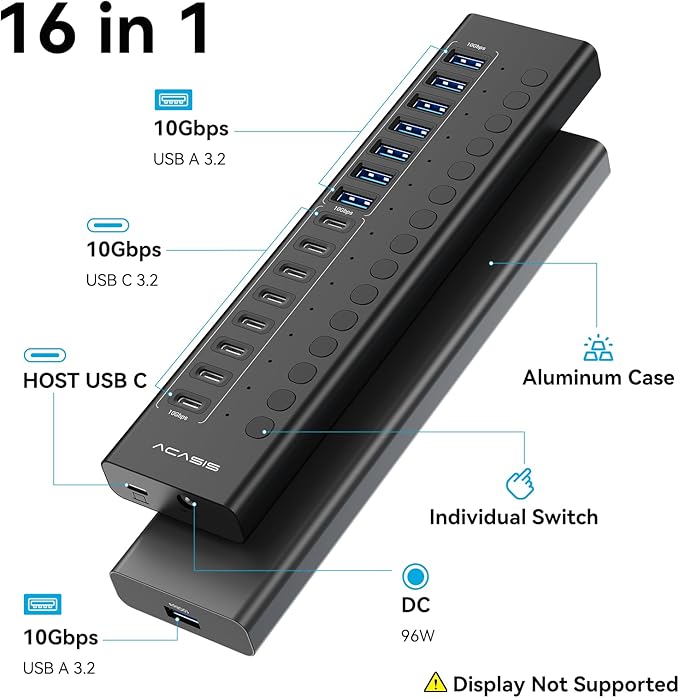 Powered USB 3.2 Hub, ACASIS 16 Ports USB 3.2 Hub(8 USB-A 3.2 Ports+8 USB-C 3.2 Ports), Aluminum USB Hub Powered with 96W Power Adapter, USB Hub for PC/Laptop, Computer, Flash Drive, Printer, Camera