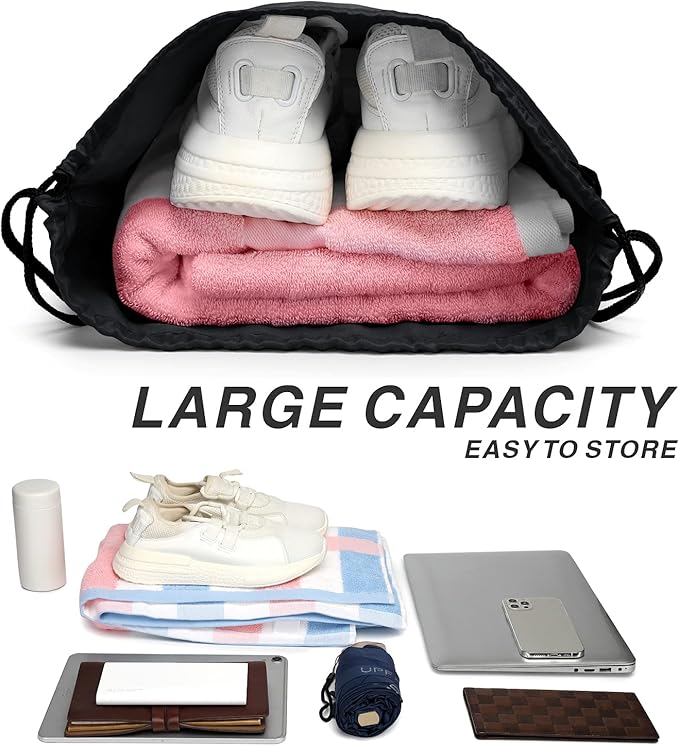 Drawstring Backpack Sports Water Resistant String Bag Sport Gym Sackpack for Women Men Large with Zipper, Black