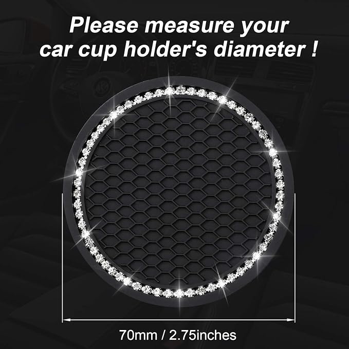 yousheng 2PCS Bling Car Cup Coaster, Universal Vehicle Bling Holder Insert,2.75 inch Rhinestone Anti Slip Silicone Insert,Suitable for Most Car Interior,Best Gift Car Bling for Women, Black, 2 Pack