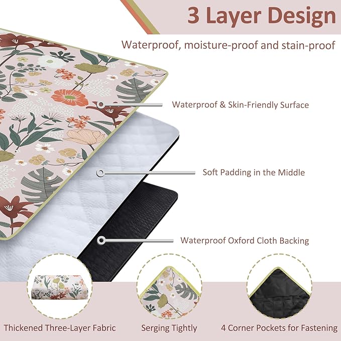Floral Picnic Blankets Waterproof Foldable, 60″X80″ Packable Picnic Mat Flowers Outdoor Blanket for Grass, Large Beach Blanket Sandproof Picnic Accessories for Camping Music Festival Park Lawn Travel