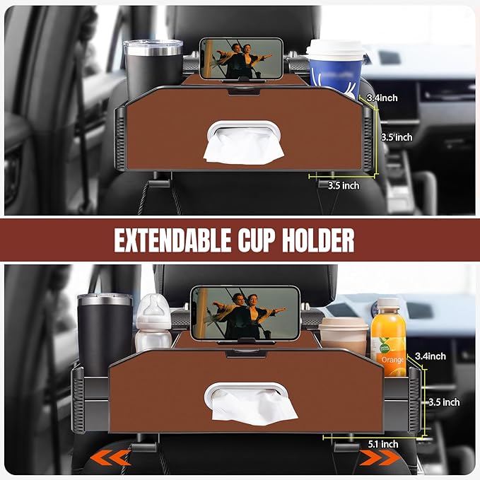 5-in-1 Back Seat Car Organizer and Storage with Extendable Cup Holder, Tissue Holder, Phone Holder, Hanging Hooks, Trash Bin, Back of Seat Car Headrest Organization Accessories for Women Man