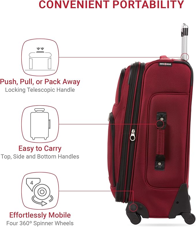 SWISSGEAR Sion Softside Expandable Spinner Luggage Durable Lightweight Travel Suitcase, Burgundy, Checked-Medium