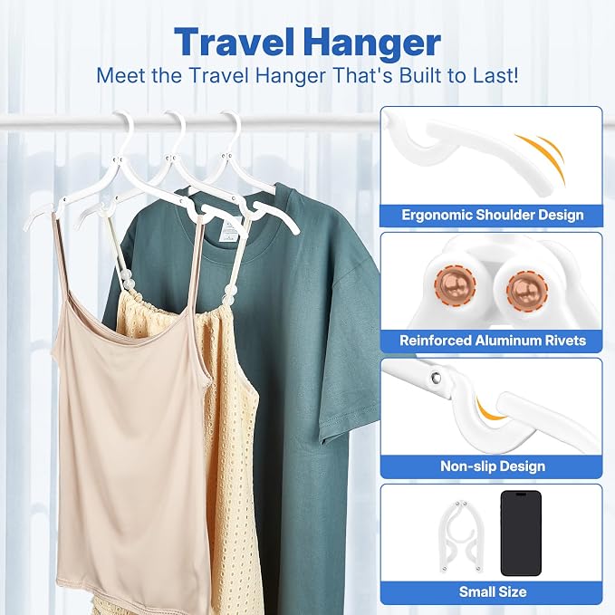 HOUSE DAY 10 Pack Travel Hangers, Cruise Essentials 2026, White Portable Collapsible Clothes Hangers Space Saving, Lightweight Foldable Garment Organizer for Hotel, RV, Dorm, Camping