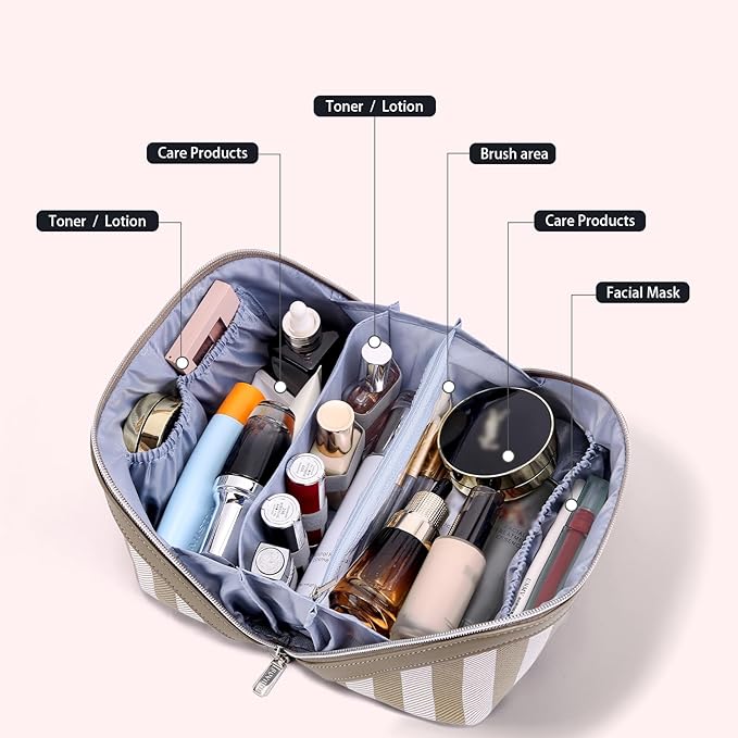 BOYATU Travel Makeup Bag Cosmetic Bag for Women: 3 Pcs Set Striped Make up Bag with Compartment - Waterproof Vegan Leather Toiletry Bag with Handle - Makeup Organizer for Travel Essential(A-6-Apricot)