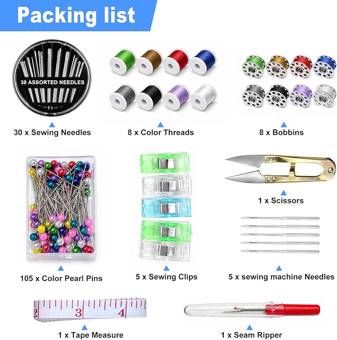 bcooss Sewing Kit for Adults: Portable Sewing Supplies Including Scissors, Threads, Needles, Pearl Pins, Seam Ripper, Tape Measure, Bobbins, Clips - Sewing Machine kit for Beginners Home Travel
