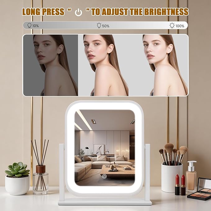Rechargeable Vanity Mirror with Lights, 1500mAH, 10"×9" Makeup Mirror with Lights, Smart Touch with 3-Color Lighting, 360° Rotation, Portable LED Desk Mirror, Bedroom (White)