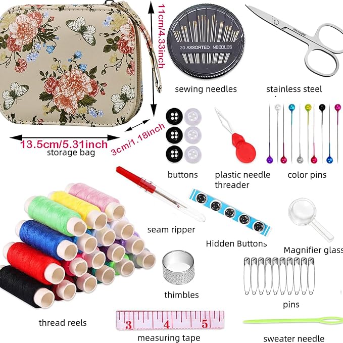 Butterfly Floral Printing Sewing Kit Cute Sewing Set | Travel Basic Sewing Kit Case for Adults Beginners,Professional Basic Sewing Supplies for Emergency
