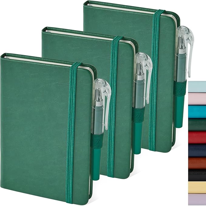 NIRMIRO 3 Pack Pocket Notebook Journals, Mini Small Leather Lined Journal Notebooks for Note Taking, Small Notepad with Pen Holder, Dark Green