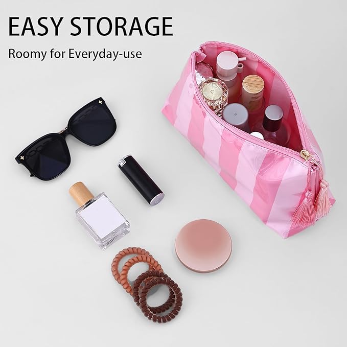 DYSHAYEN Makeup Bags for Purse,Small Clear Coated Cosmetic Bags for Women Girls, Waterproof Travel Organizer Zipper Pouch Beach Vacation Essentials (Pink-Hot Pink)
