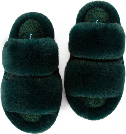 FamilyFairy Women's Fluffy Faux Fur Slippers Comfy Open Toe Two Band Slides with Fleece Lining and Rubber Sole
