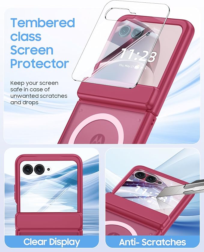 Magnetic for Motorola Razr 2026 Case with Hinge Protection, Screen Protector, Compatible with MagSafe,Skin Feel Translucent Frosted, Shockproof Slim Cover for Moto Razr 2026-Rose Red