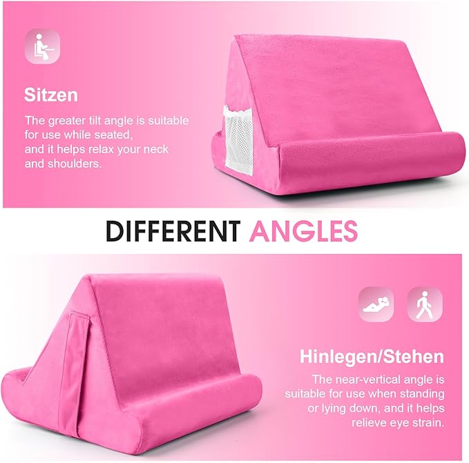 Universal Multi-Angle Tablet Holder - Soft Pad Stand with Net Pocket & Phone Stands for Lap, Knee, Sofa and Bed(Pink)