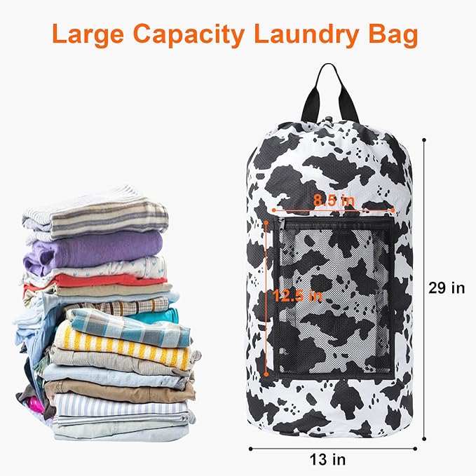 Laundry Bag Backpack Durable Laundry Bag with Shoulder Straps and Mesh Pockets Portable Laundry Hamper Dirty Clothes Bag for College, Travel, Laundromat, Apartment (Cow Print)