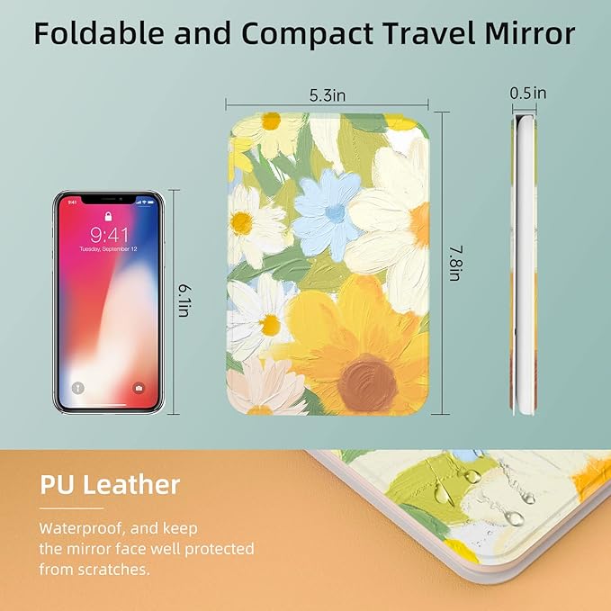 Rechargeable Travel Lighted Makeup Mirror with PU Leather Cover, Portable Travel Makeup Mirror with lights, 3 Color Lighting,Touch Sensor Dimmable, Light Up Tabletop Cosmetic Mirror Folding Flower