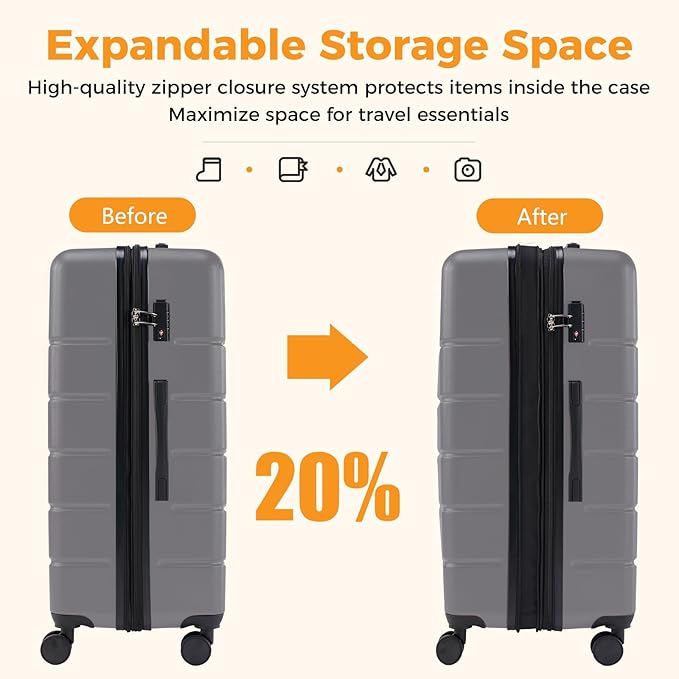 NEWBULIG 24 Inch Checked Luggage, ABS Hard Shell Lightweight Rolling Expandable Suitcase with Smooth Spinner Wheels and TSA Lock for Business Trips and Daily Vacations, Dark Grey