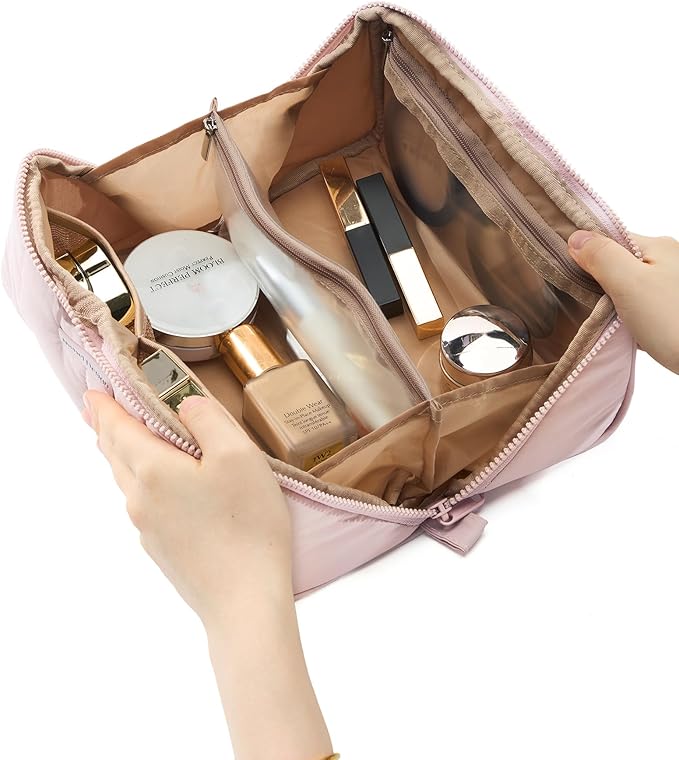 NISHEL Travel Makeup Bag for Women, Fluffy & Lightweight Open Flat Cosmetic Organizer with Multiple Functional Divider for Brush Independent Storage, Handle for Easy Portability, Pink