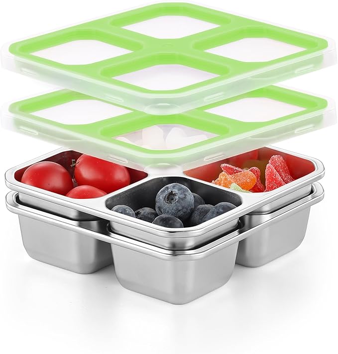 BEFOY 4 Pack Stainless Steel Snack Containers with Lids 4 Compartment Food Storage Containers for Adults & Kids Meal Prep Containers Reusablele (Green, 2)