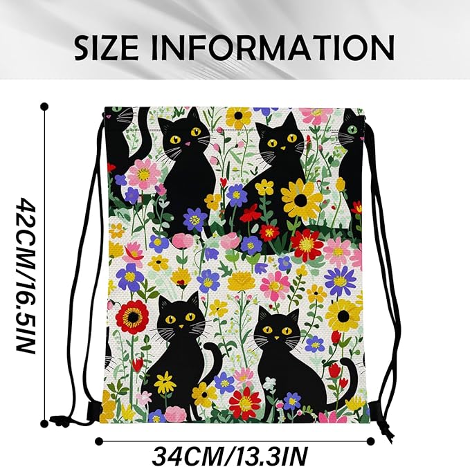 Drawstring Backpack Draw String Sports Bags for Gym Travel Beach Waterproof Cute Sackpack Men Women (13"×17")-Flower Cat