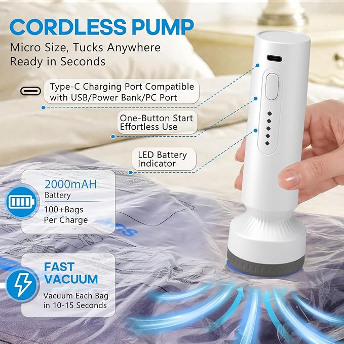 15 Pack Vacuum Storage Bags with Pump, Space Saver Travel Bags with Rechargeable Wireless Pump, Reusable Tear-Proof Compression Packing Cubes for Heavy Clothes/Bedding/Luggage/Moving 15 Combo Size